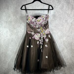 Tony Bowls Dress 4 Brown Floral Embellished‎ Prom Formal Cocktail Party Y2K 90s